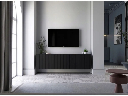 Komoda RTV, szafka wisząca, glamour, GRAVO, 150x37x39 cm, czarny, mat