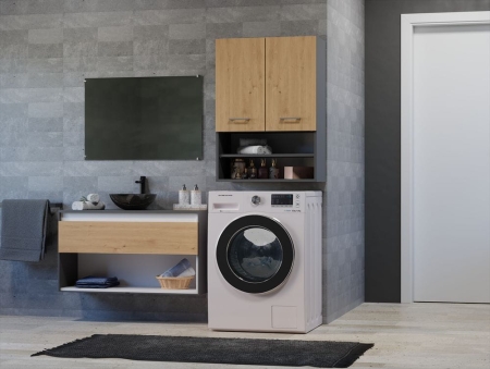 Szafka łazienkowa nad pralkę, Pola mini, 64x30x90 cm, antracyt, dąb artisan, mat