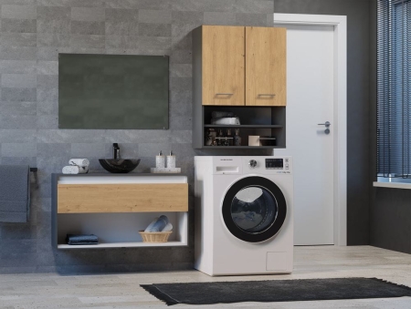 Szafka łazienkowa nad pralkę, Pola mini, 64x30x90 cm, antracyt, dąb artisan, mat