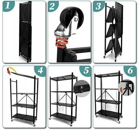 Regał magazynowy, kuchenny, składany, FS005, 72x34x163 cm, czarny, mat