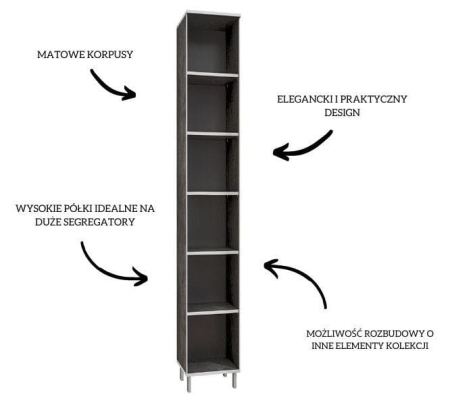 Wąski regał otwarty, Tim, 50x38x220 cm, ciemnoszary, mat