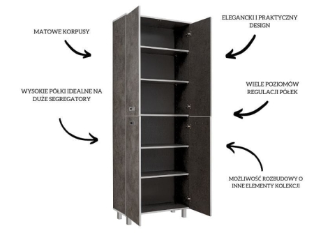 Duża szafa do biura, pokoju, Tim, 80x38x220 cm, ciemnoszary, mat