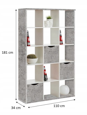 Wysoki regał do pokoju, biura, ARTEO, 110x34x181 cm, szary, biały, mat