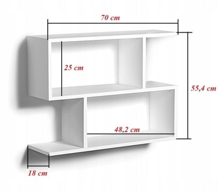 Geometryczna półka wisząca, regał, 70x18x55 cm, biały, mat