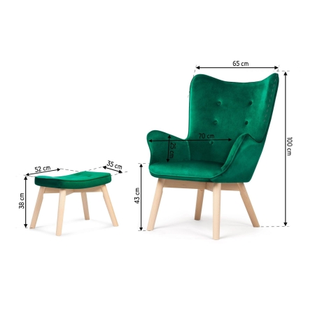Fotel welurowy z podnóżkiem, uszak, Norse, ciemnozielony