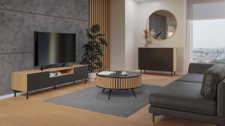 Szafka RTV ryflowana, Kama Slim, 160x40x43 cm, dąb artisan, czarny