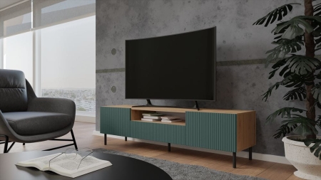 Szafka RTV ryflowana, Kama Slim, 160x40x43 cm, dąb artisan, zielony