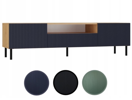 Szafka RTV ryflowana, Kama Slim, 160x40x43 cm, dąb artisan, granatowy