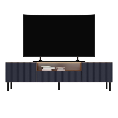 Szafka RTV ryflowana, Kama Slim, 160x40x43 cm, dąb artisan, granatowy