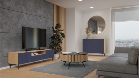 Szafka RTV ryflowana, Kama Slim, 160x40x43 cm, dąb artisan, granatowy