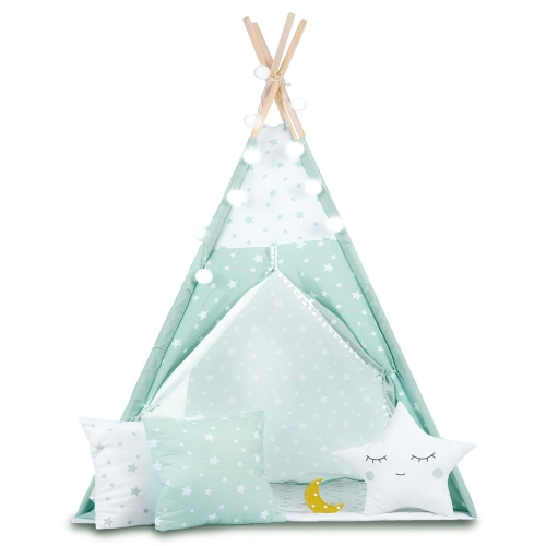 Przejdź do produktu Namiot tipi dla dzieci, światełka, 120x120x165 cm, miętowe w gwiazdki