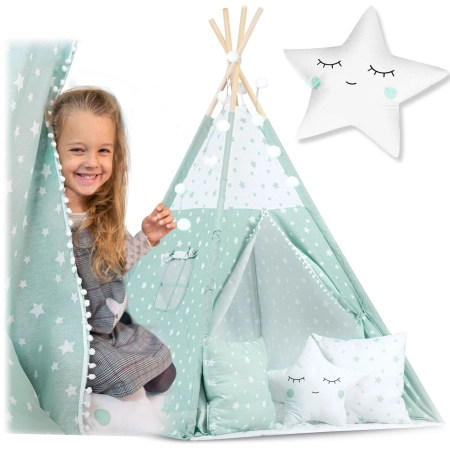Namiot tipi dla dzieci, światełka, 120x120x165 cm, miętowe w gwiazdki