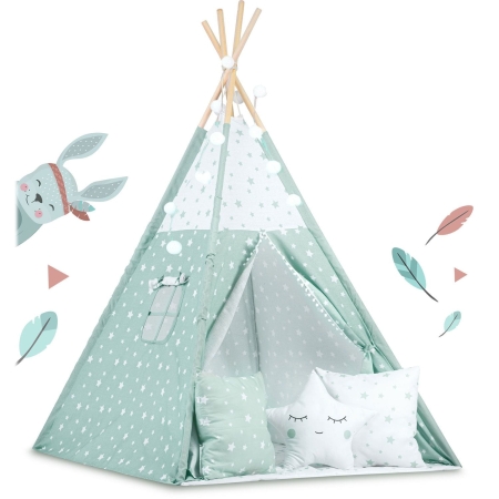 Namiot tipi dla dzieci, światełka, 120x120x165 cm, miętowe w gwiazdki