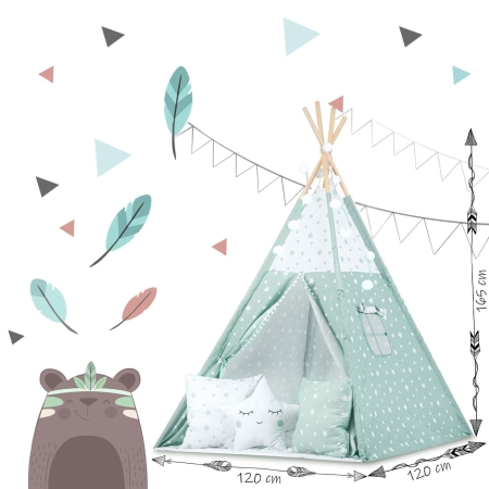 Namiot tipi dla dzieci, światełka, 120x120x165 cm, miętowe w gwiazdki