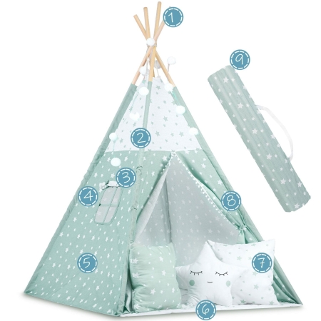 Namiot tipi dla dzieci, światełka, 120x120x165 cm, miętowe w gwiazdki