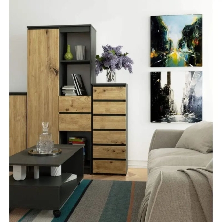 Wąska komoda do salonu, STILO, 40x35x109 cm, grafit szary, dąb artisan, mat