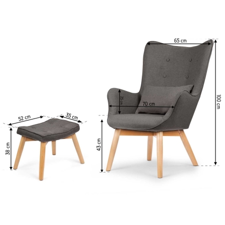 Fotel uszak z podnóżkiem do salonu, Norse, ciemny szary