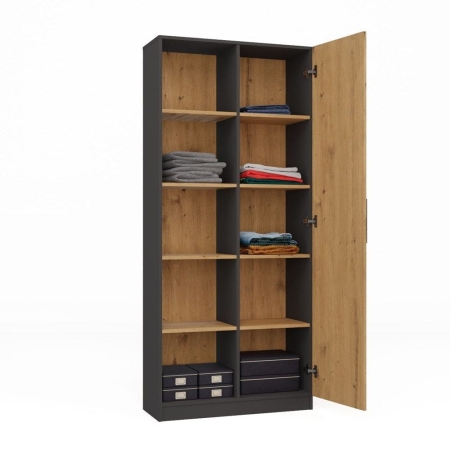 Duży regał półotwarty, 10 półek, 80x30x182 cm, antracyt, dąb artisan