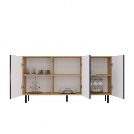 Komoda do sypialni, 3 drzwi, Kama, 150x40x78 cm, dąb artisan, granatowy