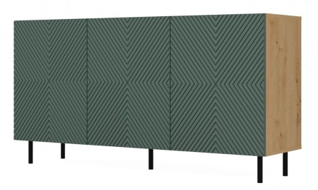 Komoda do sypialni, 3 drzwi, Kama, 150x40x78 cm, dąb artisan, zielony