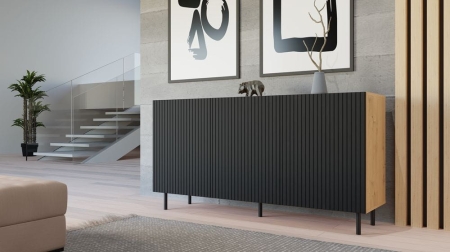 Komoda trzydrzwiowa, slim, Kama, 150x40x78 cm, dąb artisan, czarny