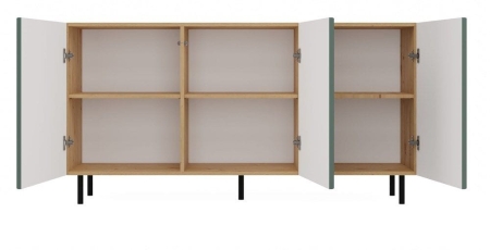 Komoda trzydrzwiowa, slim, Kama, 150x40x78 cm, dąb artisan, zielony