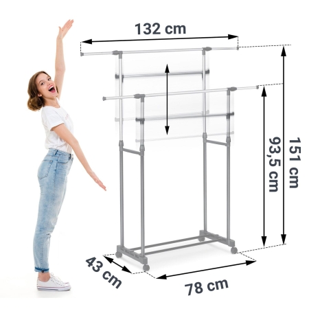 Wieszak na ubrania, kółka, Massido, 132x43x151 cm, czarny, srebrny