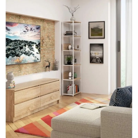 Regał do pokoju, loft, 6 półek, RAVEN, 50x32x192 cm, biały, dąb sonoma, mat