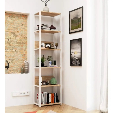 Regał do pokoju, loft, 6 półek, RAVEN, 50x32x192 cm, biały, dąb sonoma, mat