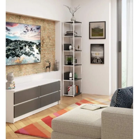 Regał do pokoju, loft, 6 półek, RAVEN, 50x32x192 cm, biały, szary, mat