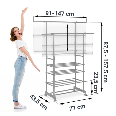 Wieszak na ubrania, kółka, 147x44x158 cm, czarny