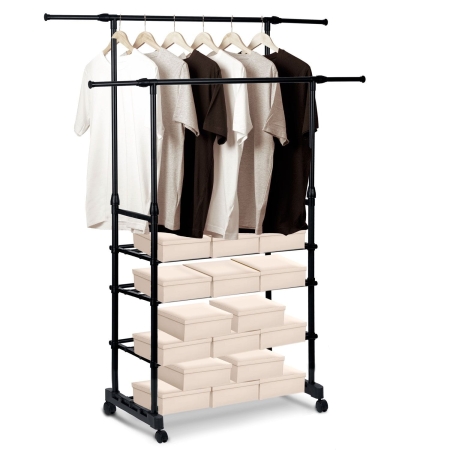 Wieszak na ubrania, kółka, 147x44x158 cm, czarny