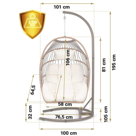 Fotel wiszący do ogrodu, huśtawka, Luisiana, 101x195 cm, brązowy, beżowy