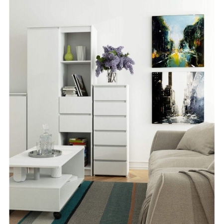 Wąska komoda do salonu, STILO, 40x35x109 cm, biel, mat