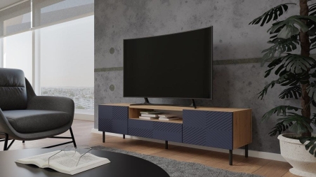 Szafka RTV, Kama, 160x40x43 cm, dąb artisan, granatowy