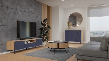 Szafka RTV, Kama, 160x40x43 cm, dąb artisan, granatowy
