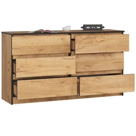 Komoda do sypialni, 6 szuflad, STILO, 140x40x77 cm, dąb craft, mat