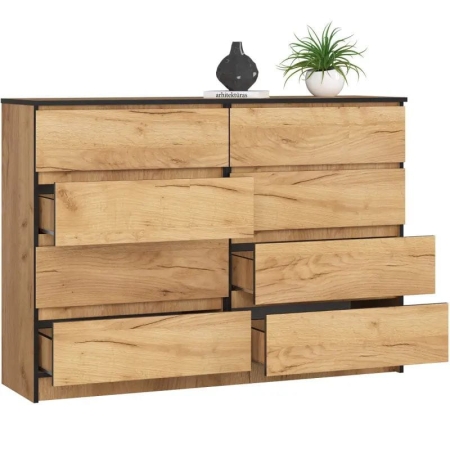 Komoda do sypialni, STILO, 8 szuflad, 140x40x99 cm, dąb craft, mat