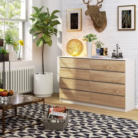 Komoda do sypialni, 8 szuflad, STILO, 160x40x99 cm, biel, dąb sonoma, mat