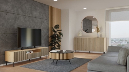 Szafka RTV ryflowana, Kama Slim, 160x40x43 cm, dąb artisan