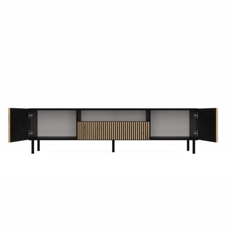 Szafka RTV ryflowana, Kama Slim, 160x40x43 cm, czarny, dąb artisan