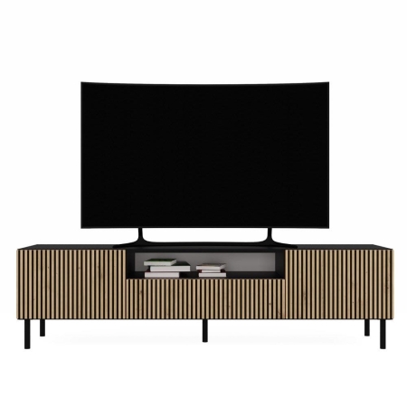 Szafka RTV ryflowana, Kama Slim, 160x40x43 cm, czarny, dąb artisan