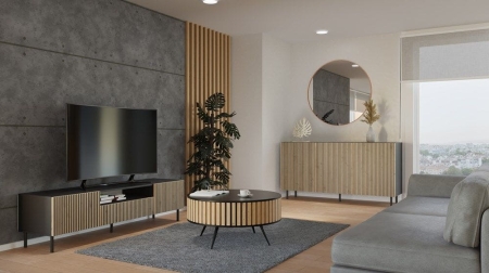 Szafka RTV ryflowana, Kama Slim, 160x40x43 cm, czarny, dąb artisan