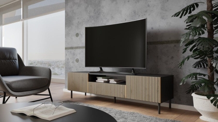 Szafka RTV ryflowana, Kama Slim, 160x40x43 cm, czarny, dąb artisan
