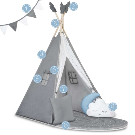 Namiot tipi dla dzieci z matą, Nukido, 116x116x165 cm, szary
