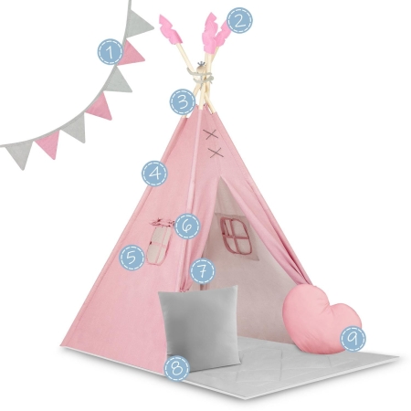Namiot tipi dla dzieci z matą, Nukido, 116x116x165 cm, różowy