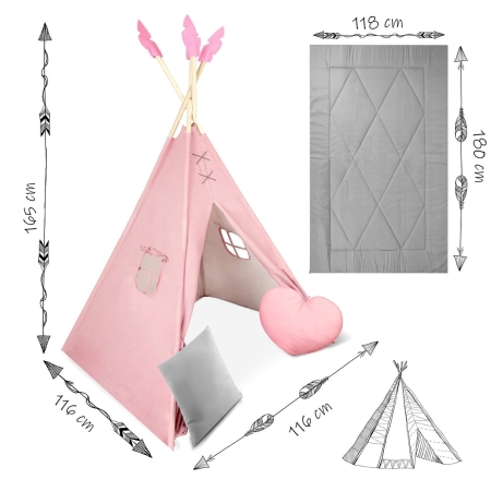 Namiot tipi dla dzieci z matą, Nukido, 116x116x165 cm, różowy