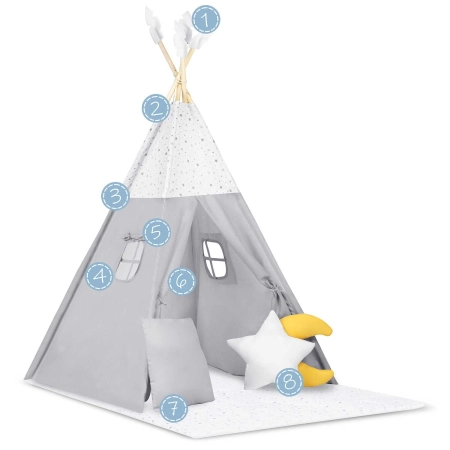 Namiot tipi dla dzieci z matą, Nukido, 116x116x165 cm, jasny szary