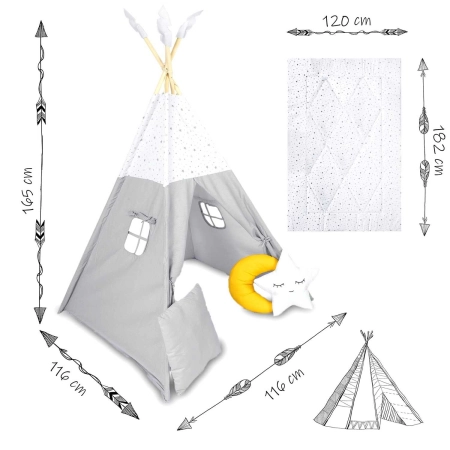 Namiot tipi dla dzieci z matą, Nukido, 116x116x165 cm, jasny szary
