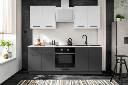 Zestaw mebli kuchennych, 220 cm, biały, szary grafit, mat